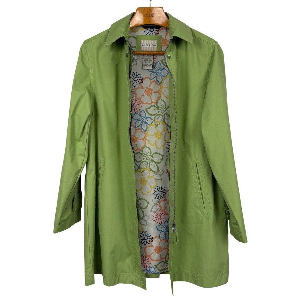 White Stag Women's L 12/14 Green Rain Jacket Floral Lined Trench Coat